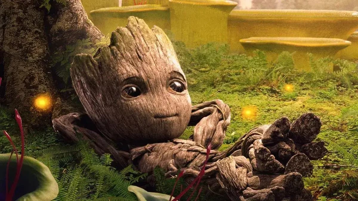 groot relaxado sorrindo pernas cruzadas fundo verde