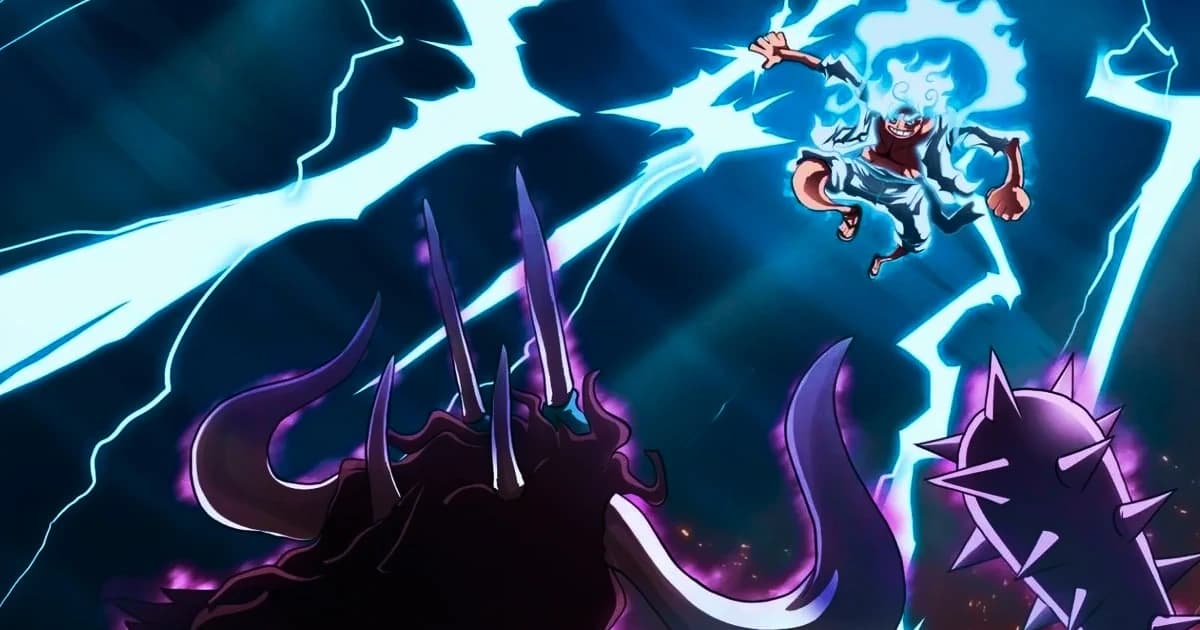 luffy gear 5 dando um golpe com raios em kaido